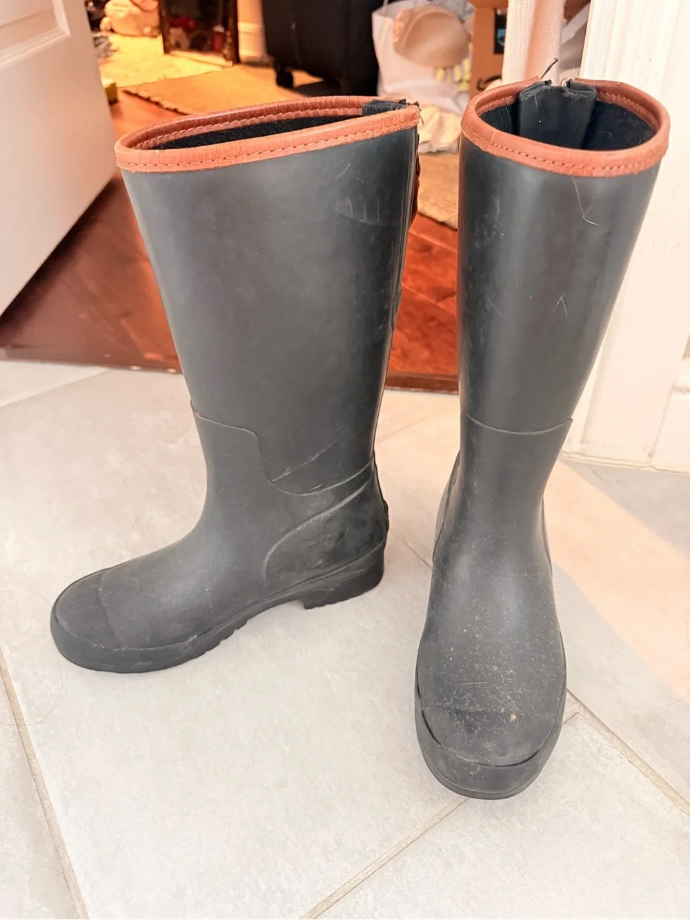 Sperry Black Rubber Rain Boots with Brown Trim
